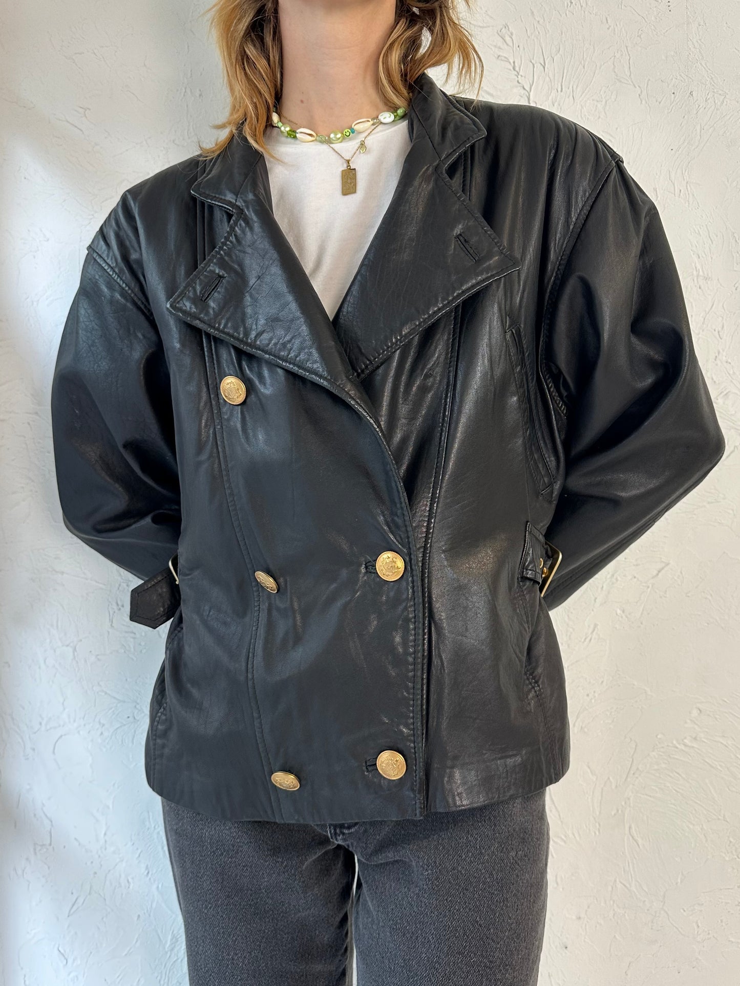 90s 'Danier' Black Leather Moto Style Jacket / Medium