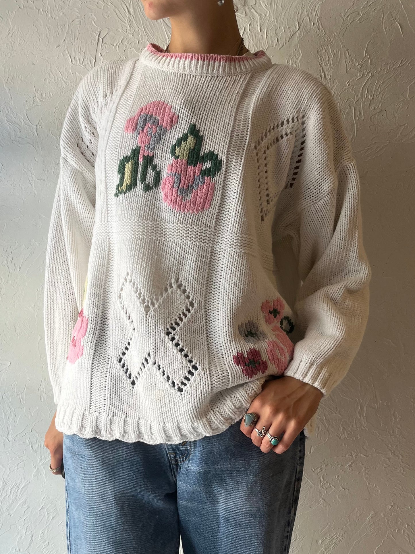 90s 'Street Level' Cotton Ramie Floral Knit Sweater / Large