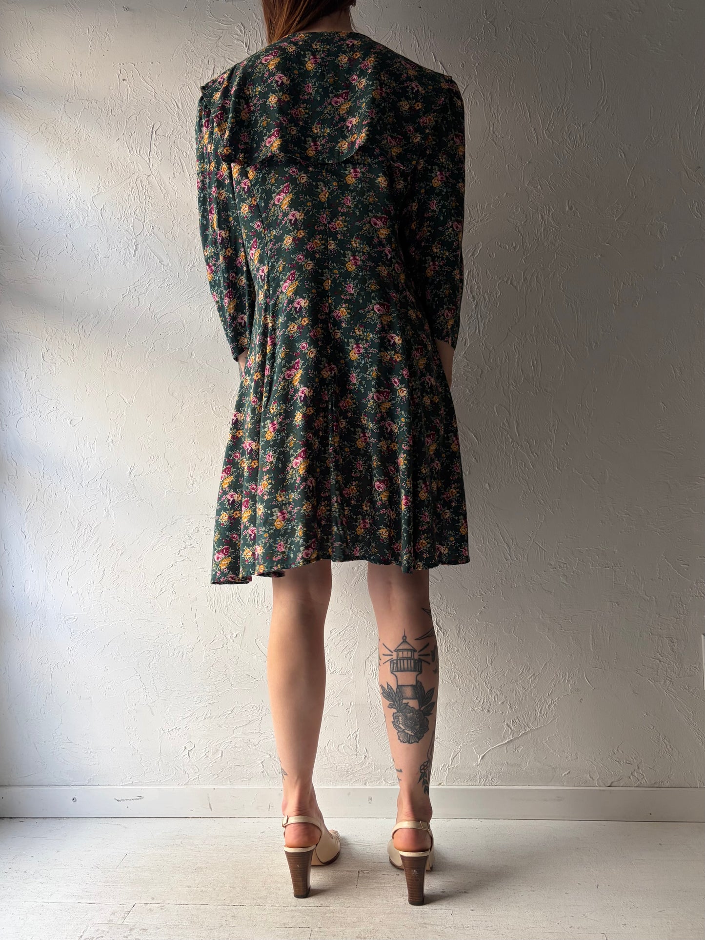 90s 'Paris Sport Club' Green Floral Sailor Spring Dress / Large