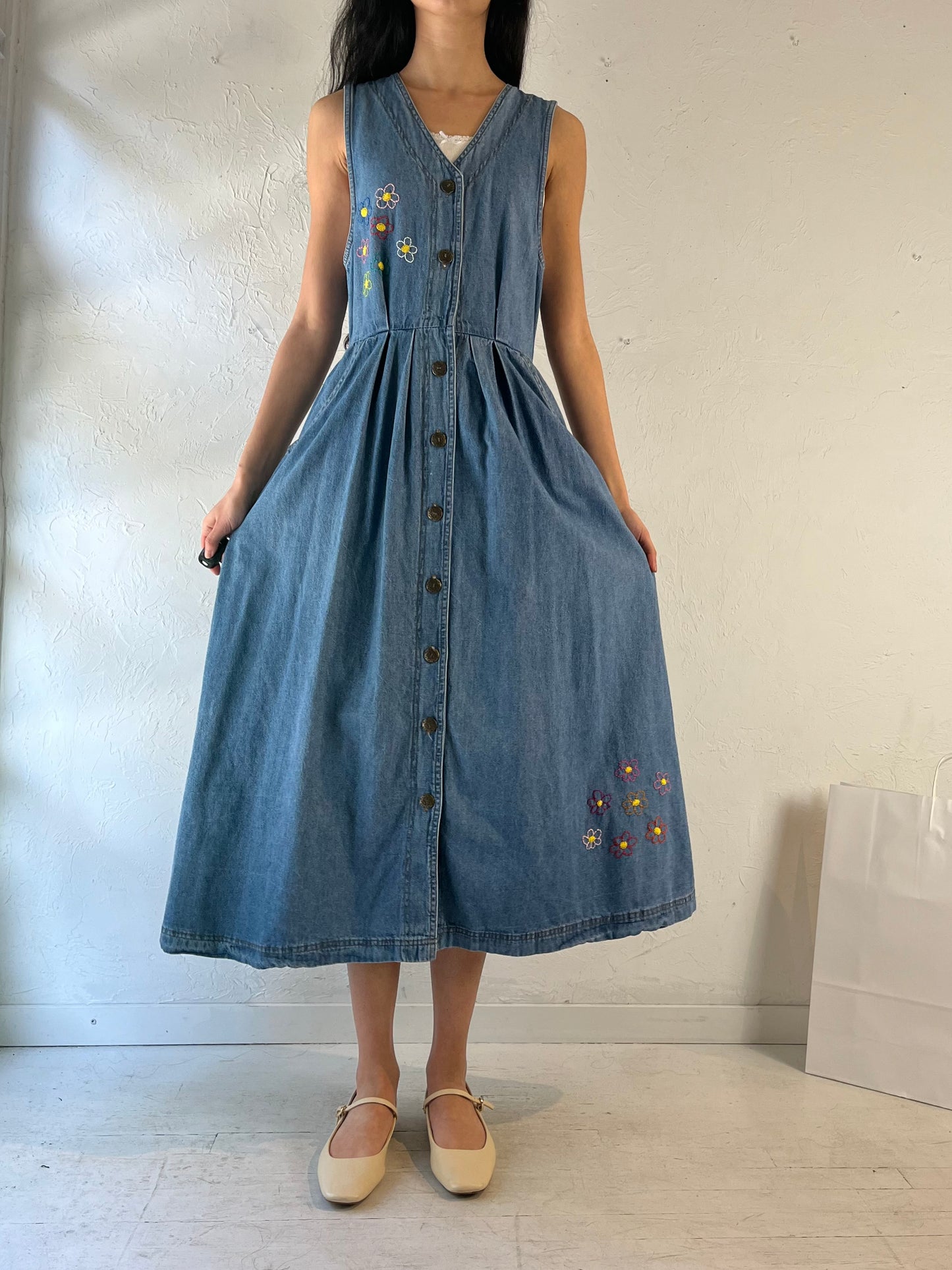 90s ‘Studio Ease’ Embroidered Denim Dress / Medium