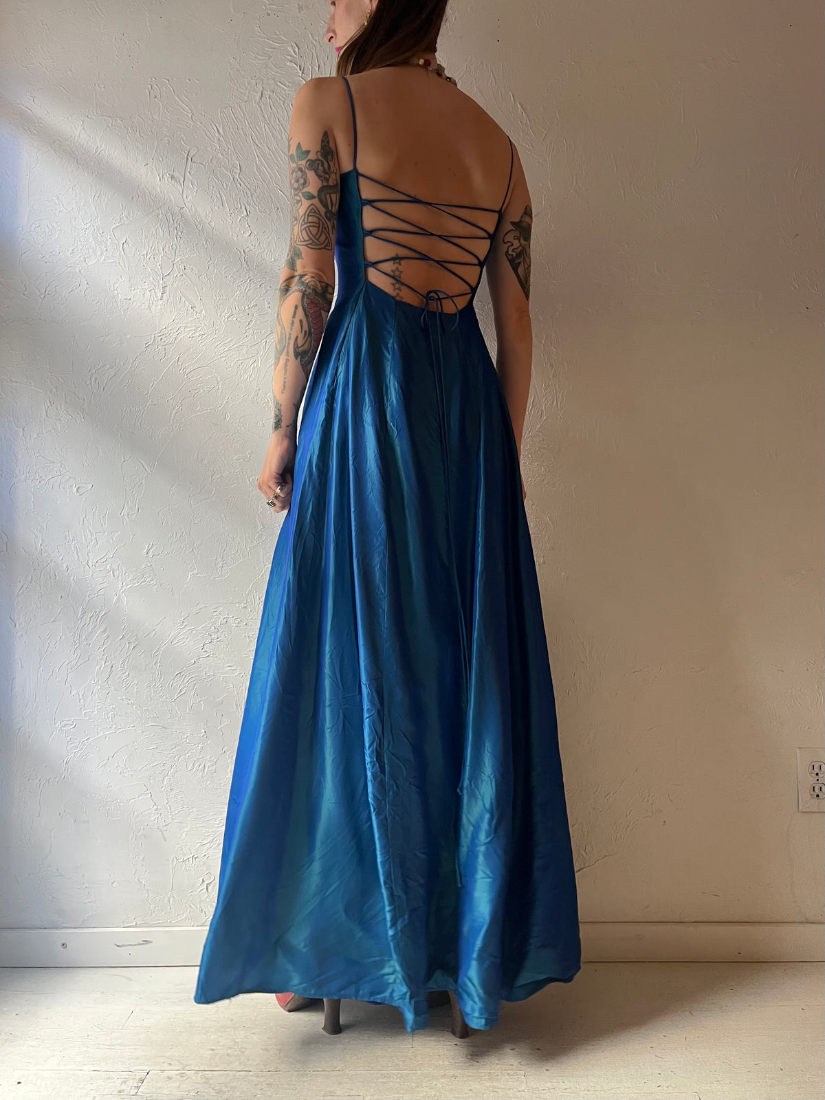 90s Blue Metallic Lace Up Formal Dress / Small