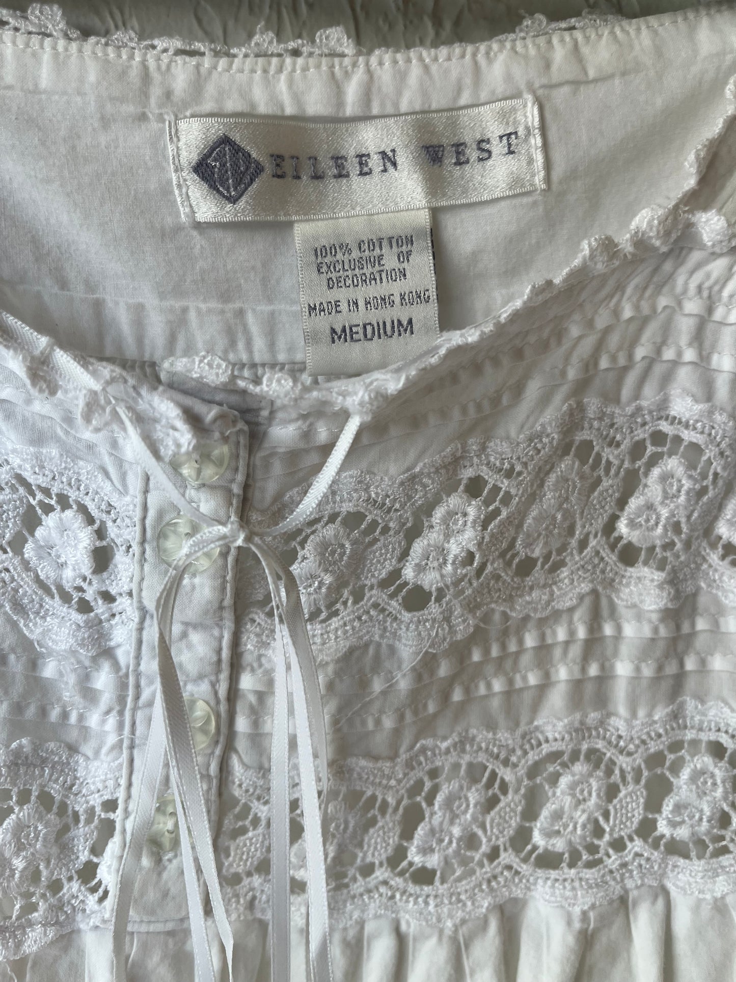 Vintage 'Eileen West' White Lace Cotton Mini Dress / Medium