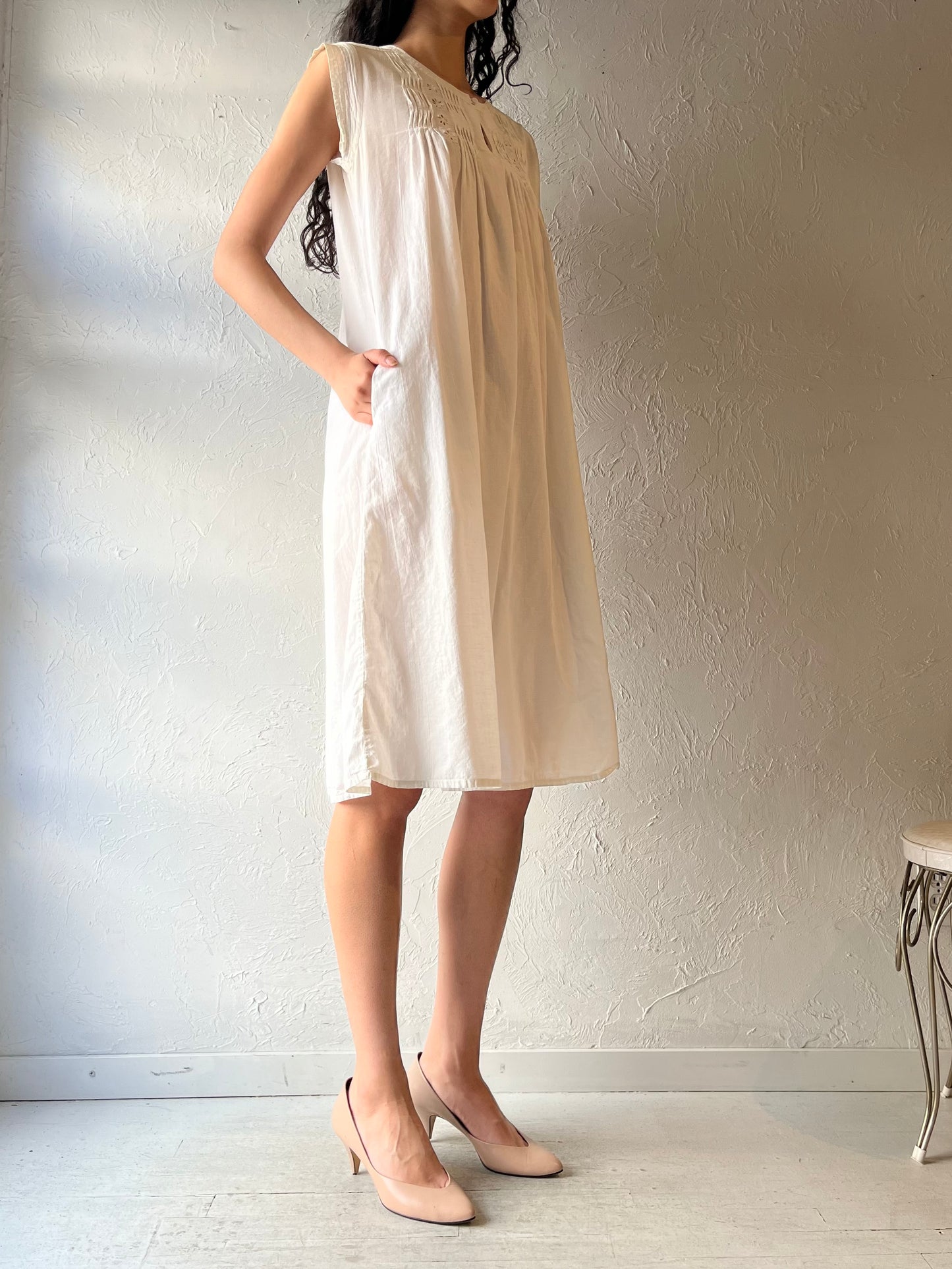 80s 'Punches' White Cotton Cottage Core Midi Dress / Medium
