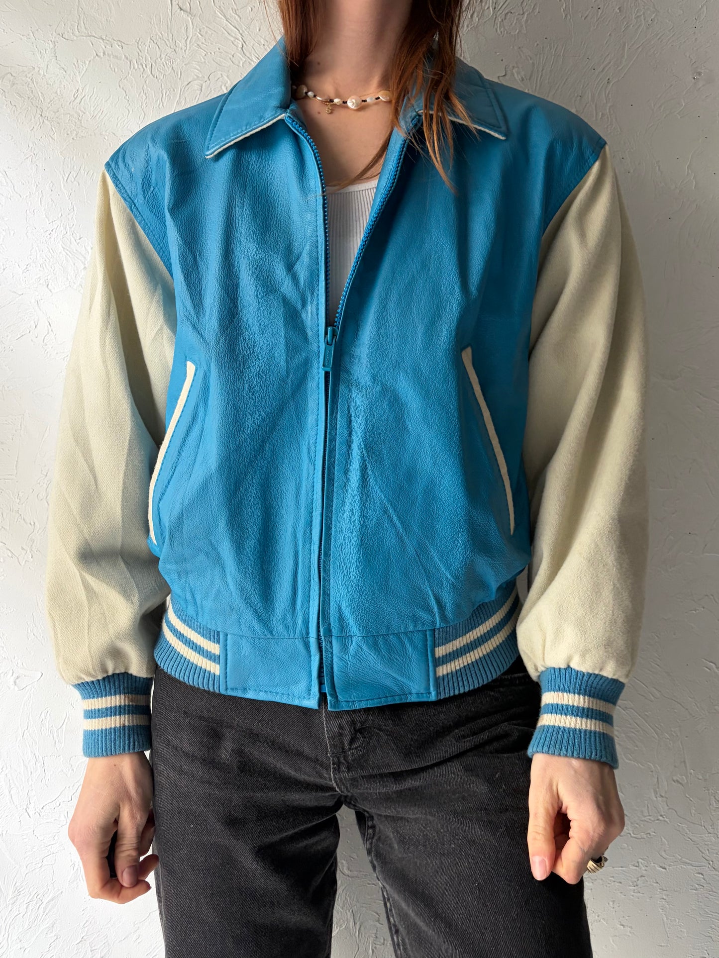 80s 'Wilsons' Blue & White Varsity Leather Bomber Jacket / Vintage 1980s Retro Letterman Style Jacket / XS