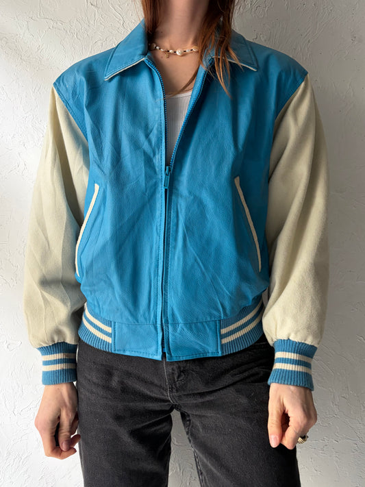 80s 'Wilsons' Blue & White Varsity Leather Bomber Jacket / Vintage 1980s Retro Letterman Style Jacket / XS