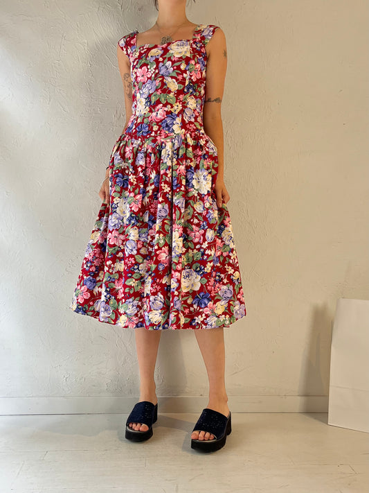 90s 'Shannon Marie' Floral Print Cotton Midi Dress / Medium