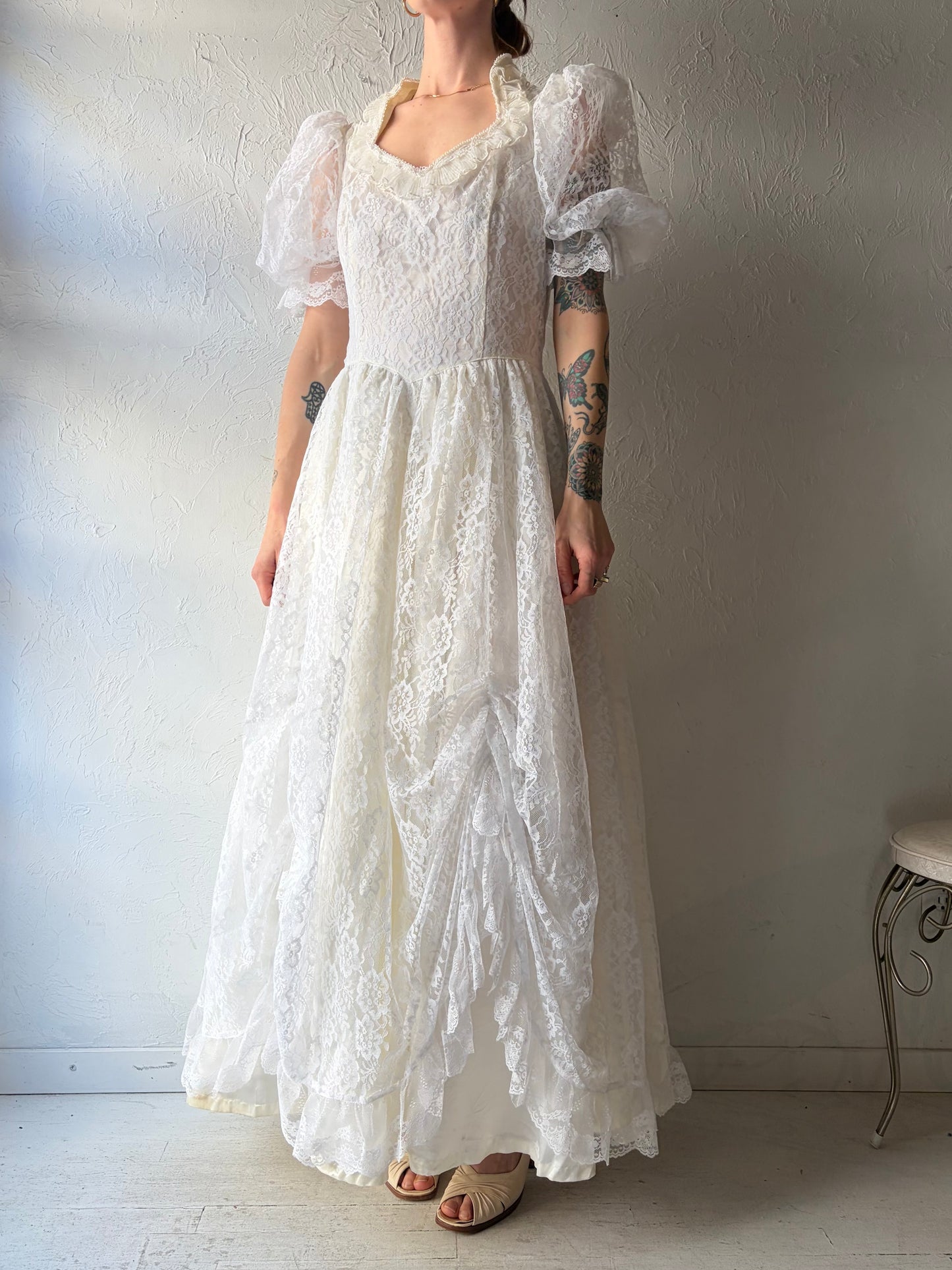 80s 'Gunne Sax' White Lace Puff Sleeve Wedding Dress / Medium