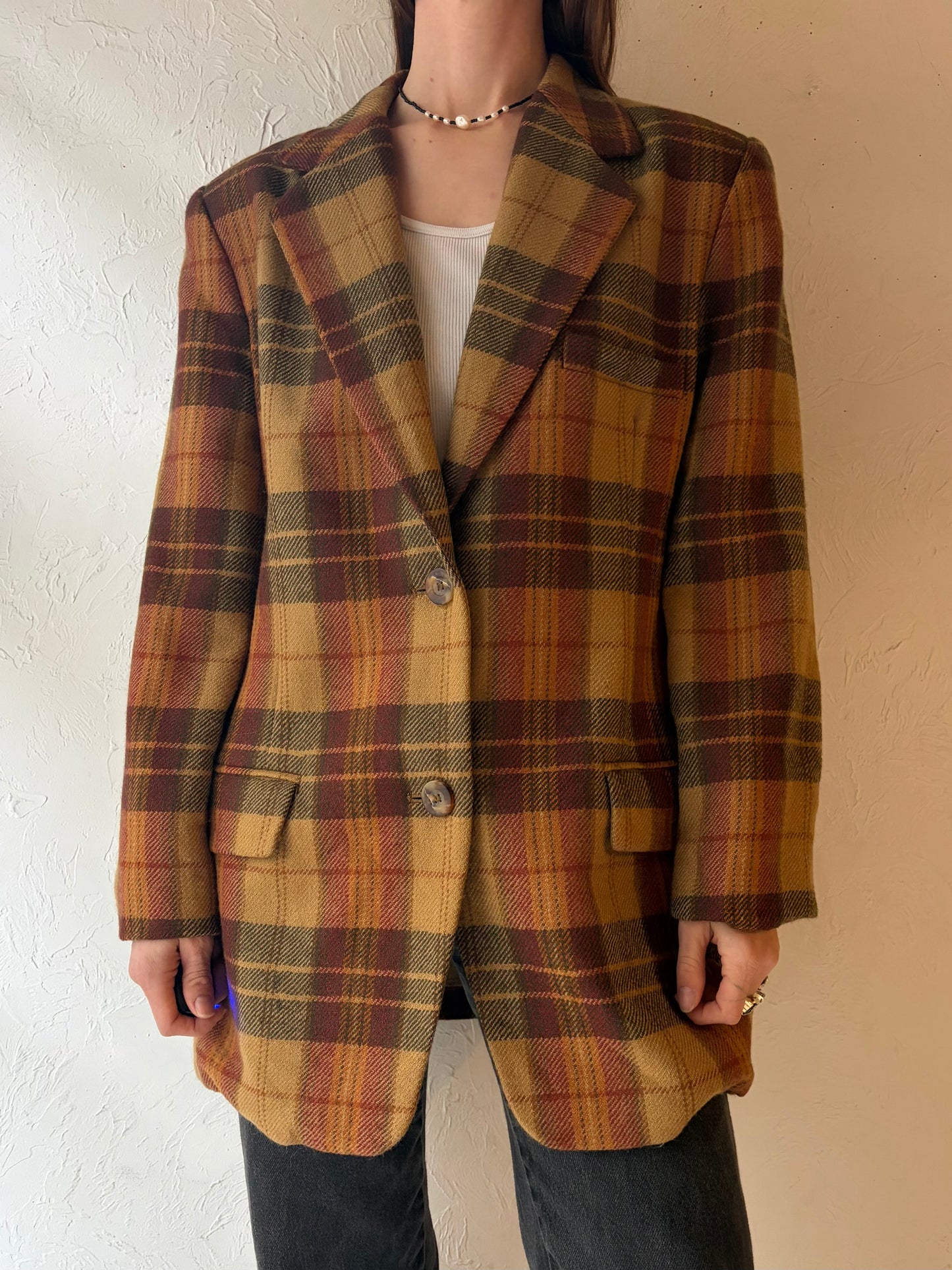 90s 'Linda Allard' Plaid Wool Blazer Vintage 1990s Minimalist Oversized Jacket / Medium