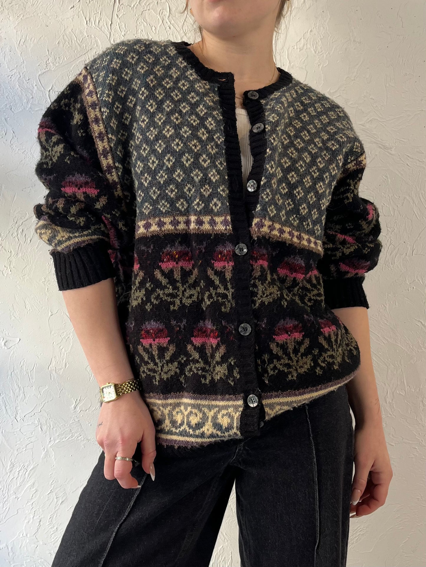 70s ‘Import Workshop’ Floral Knit Cardigan / Medium