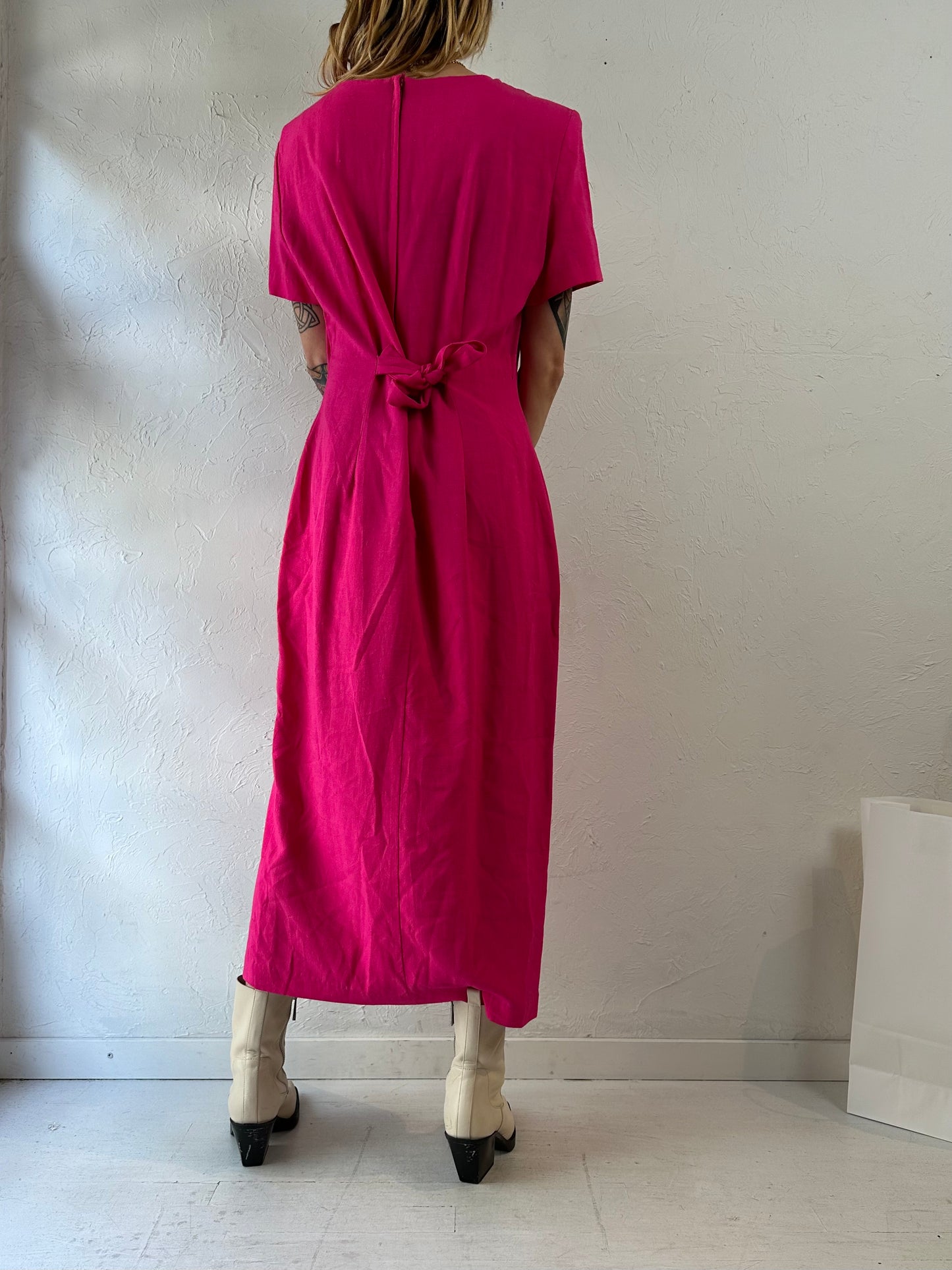 80s 'Dawn Joy' Hot Pink Linen Rayon Maxi Dress / Large