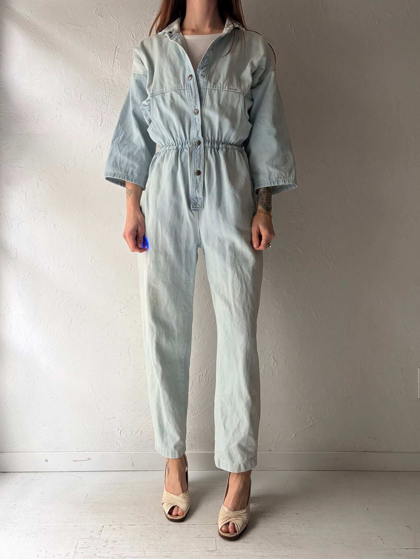 80s 'Ideas' Light Denim Retro Jumpsuit / Vintage 1980s Streetwear Jean One Piece / Small