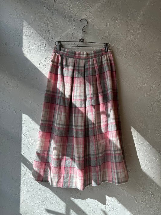 70s Pink Plaid Midi Skirt / Small - Medium