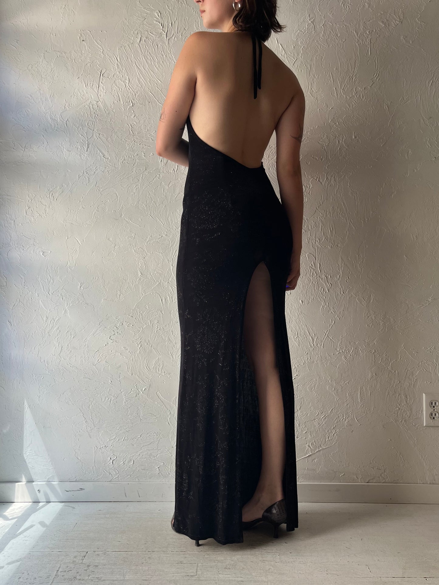 Vintage Black Sparkly Floral Retro Halter Fitted Formal Maxi Dress / Small - Medium