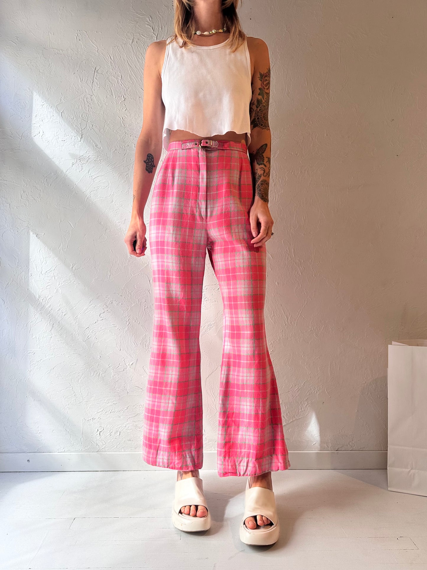 70s Pink Plaid Wool Flare Pants / Small