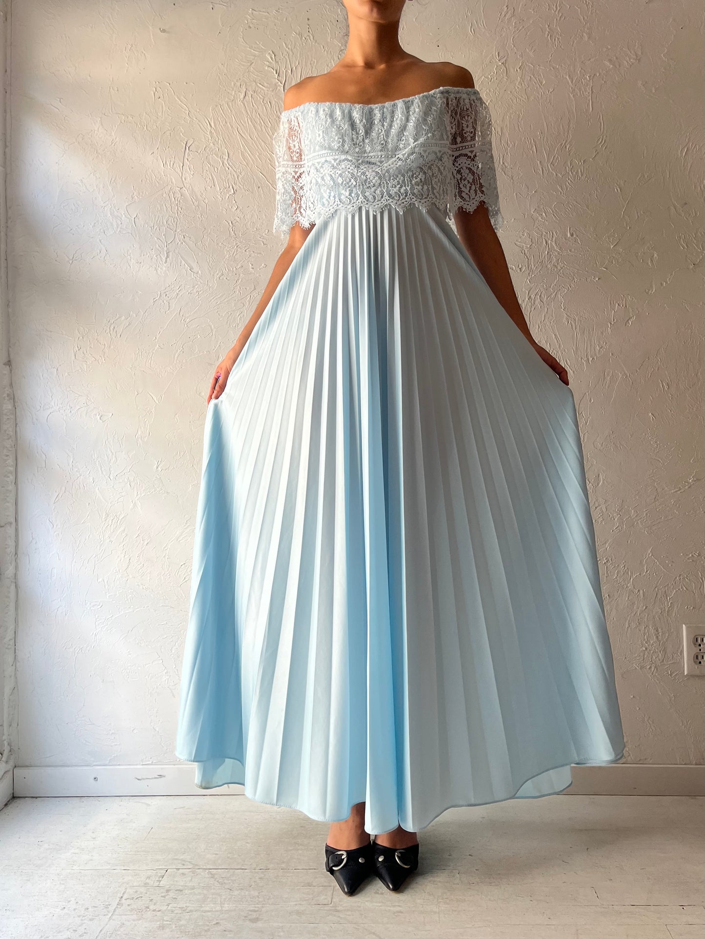70s 'Sears' Baby Blue Off The Shoulder Formal Dress / Small