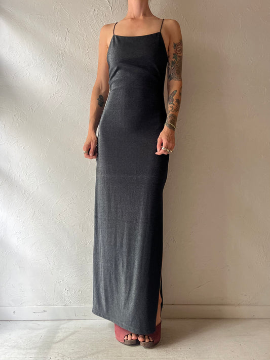 Y2k 'City Triangle' Black Sparkly Metallic Bodycon Evening Gown Minimalist Goth Party Maxi Dress / Small