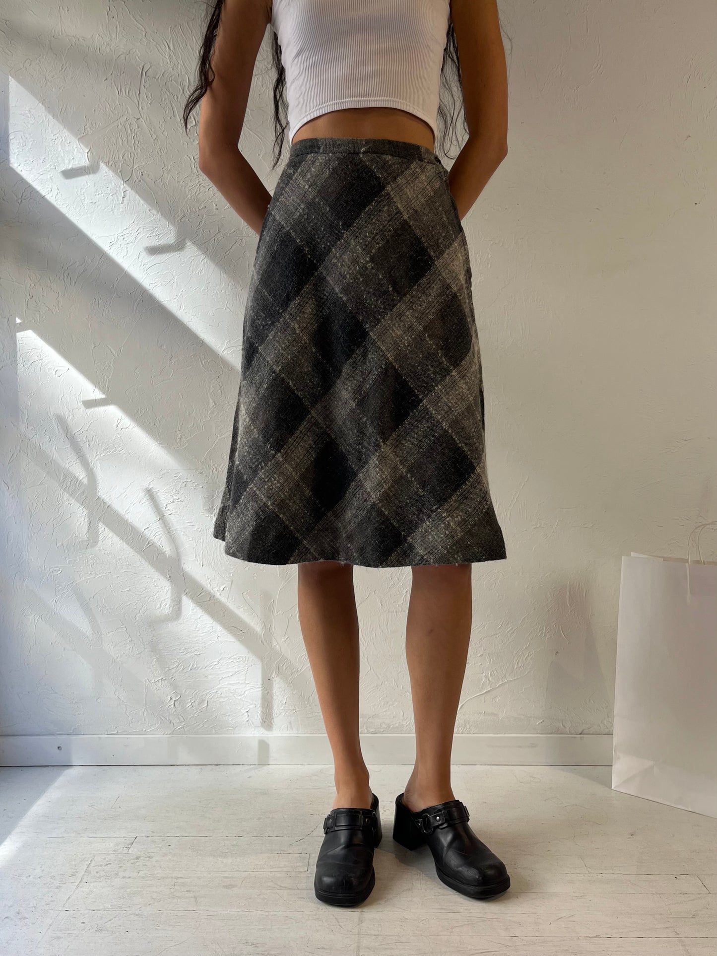 80s 'Casualaire' Grey Plaid Midi Skirt / Small