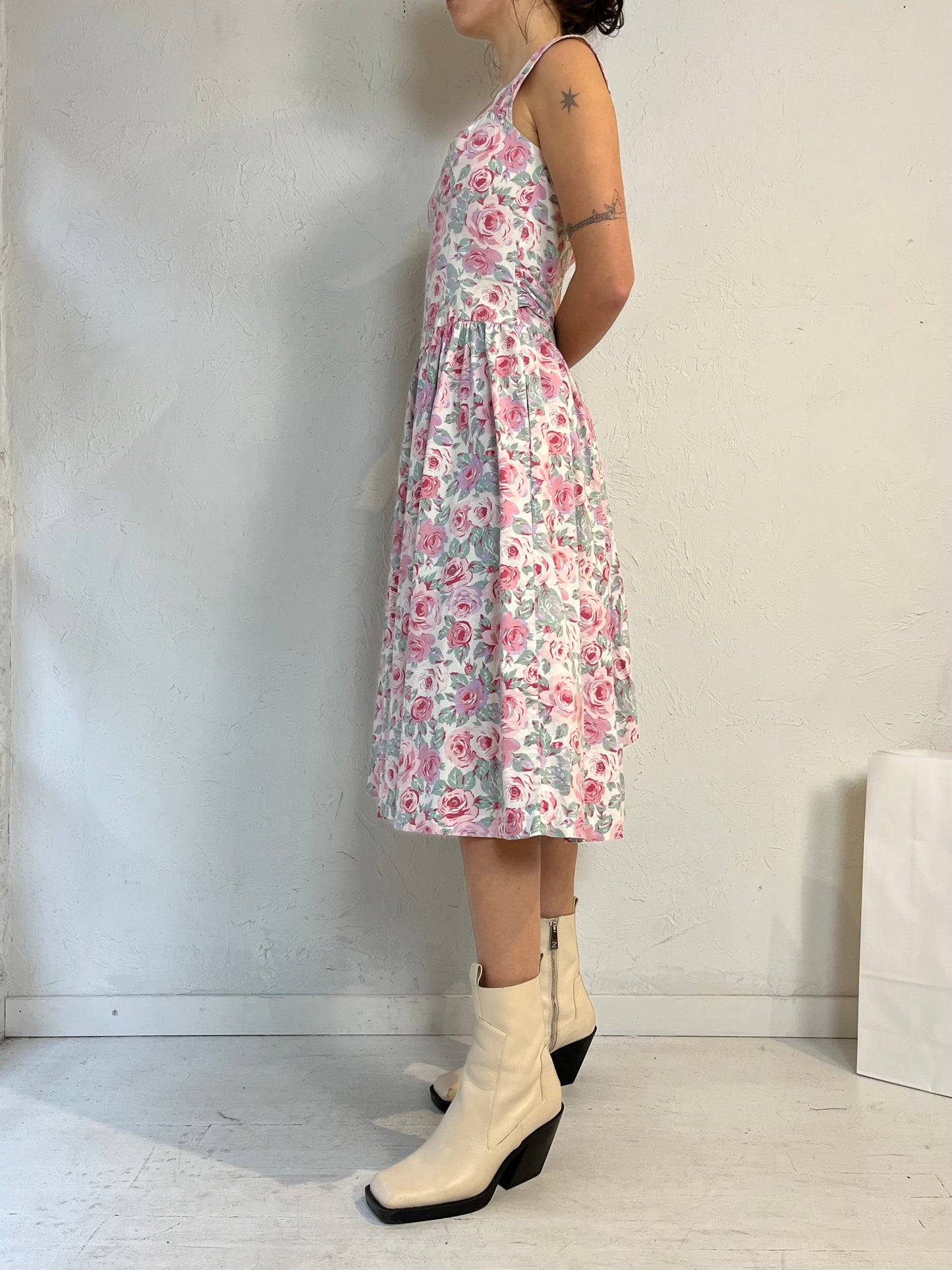 90s 'Joni Blair' Pink Floral Print Cotton Day Dress / Small