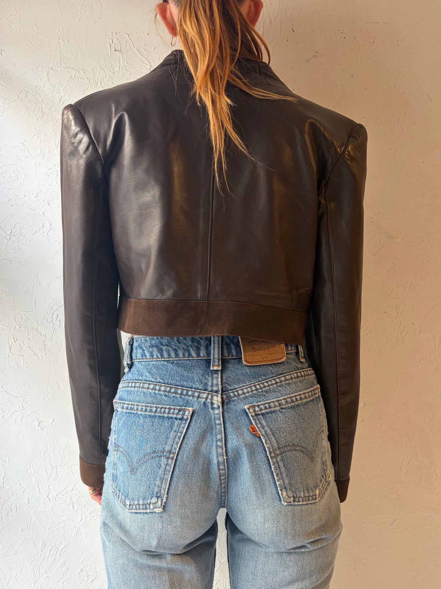 80s 'Bagatelle' Brown Cropped Leather Jacket / Medium