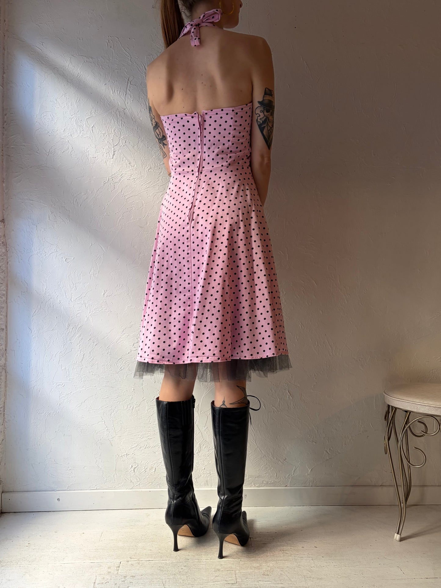 Vintage Pink Polka Dot Pin Up Dress / Small