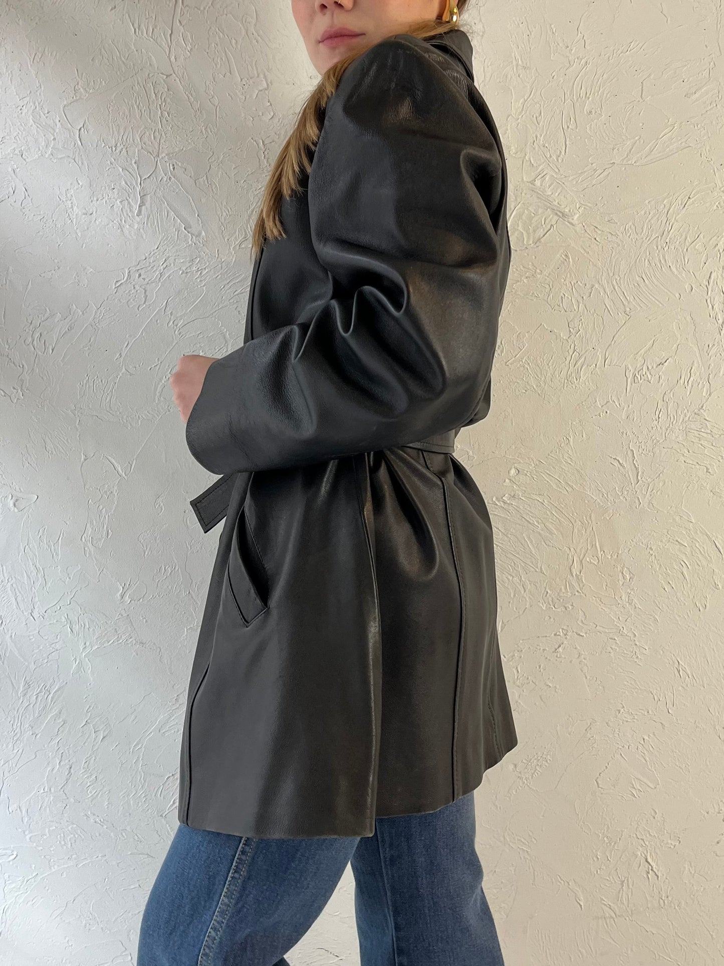 90s Black Leather Jacket / Large