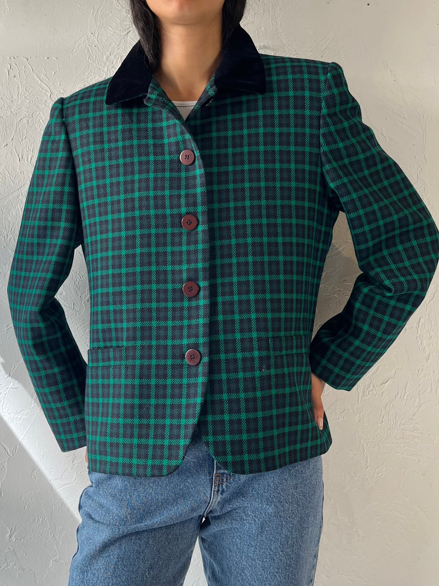 90s 'Jones New York' Green Wool Plaid Jacket / Large