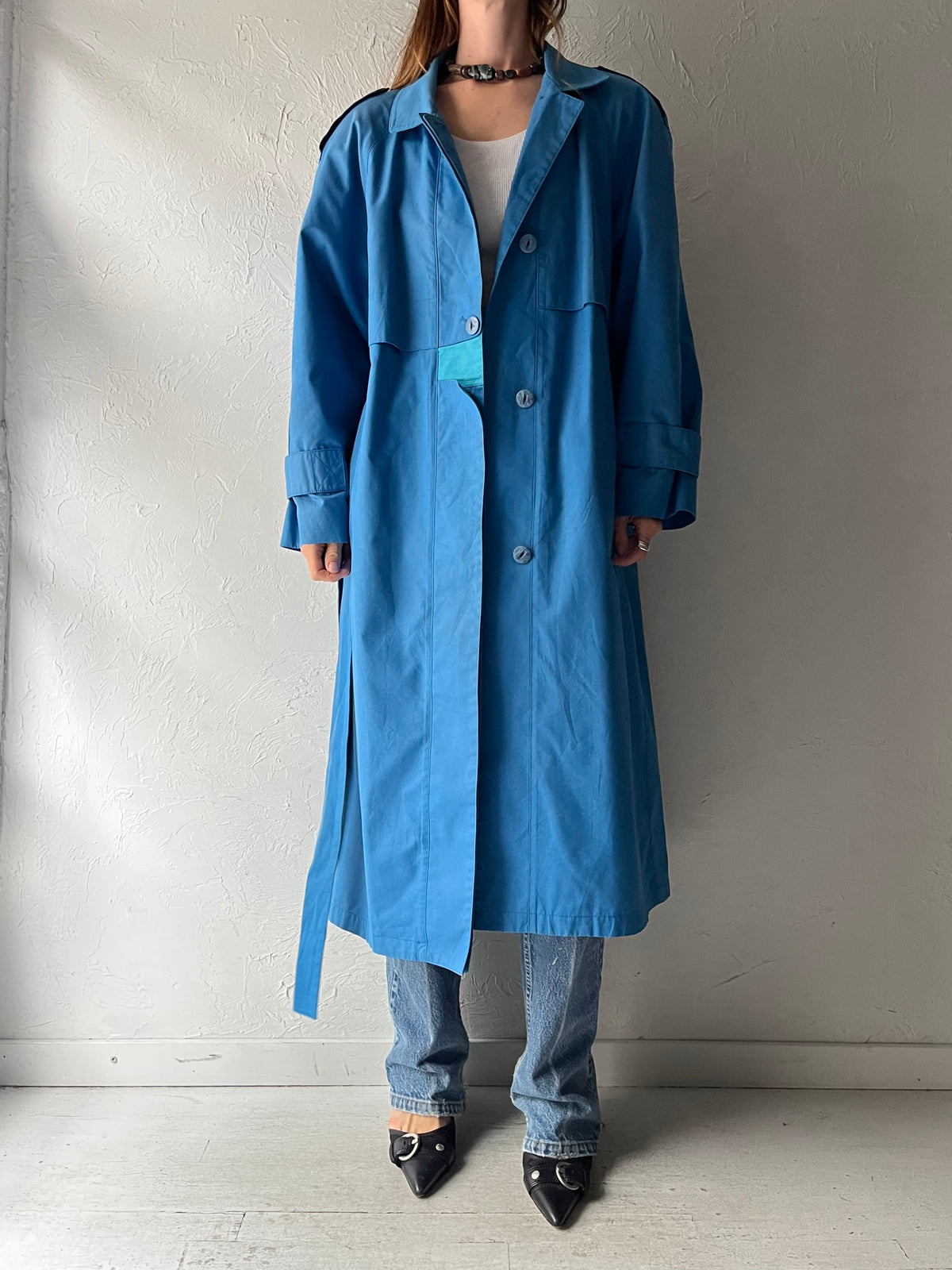 90s 'London Fog' Bright Blue Belted Minimalist Trench Coat Classic Longline Raincoat / Medium