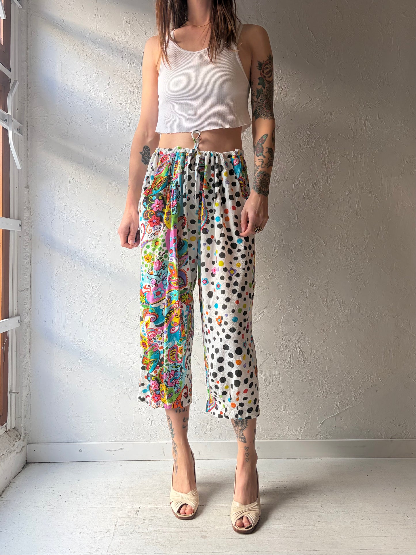 90s 'Jams World' Patterned Rayon Capri Pants / Medium