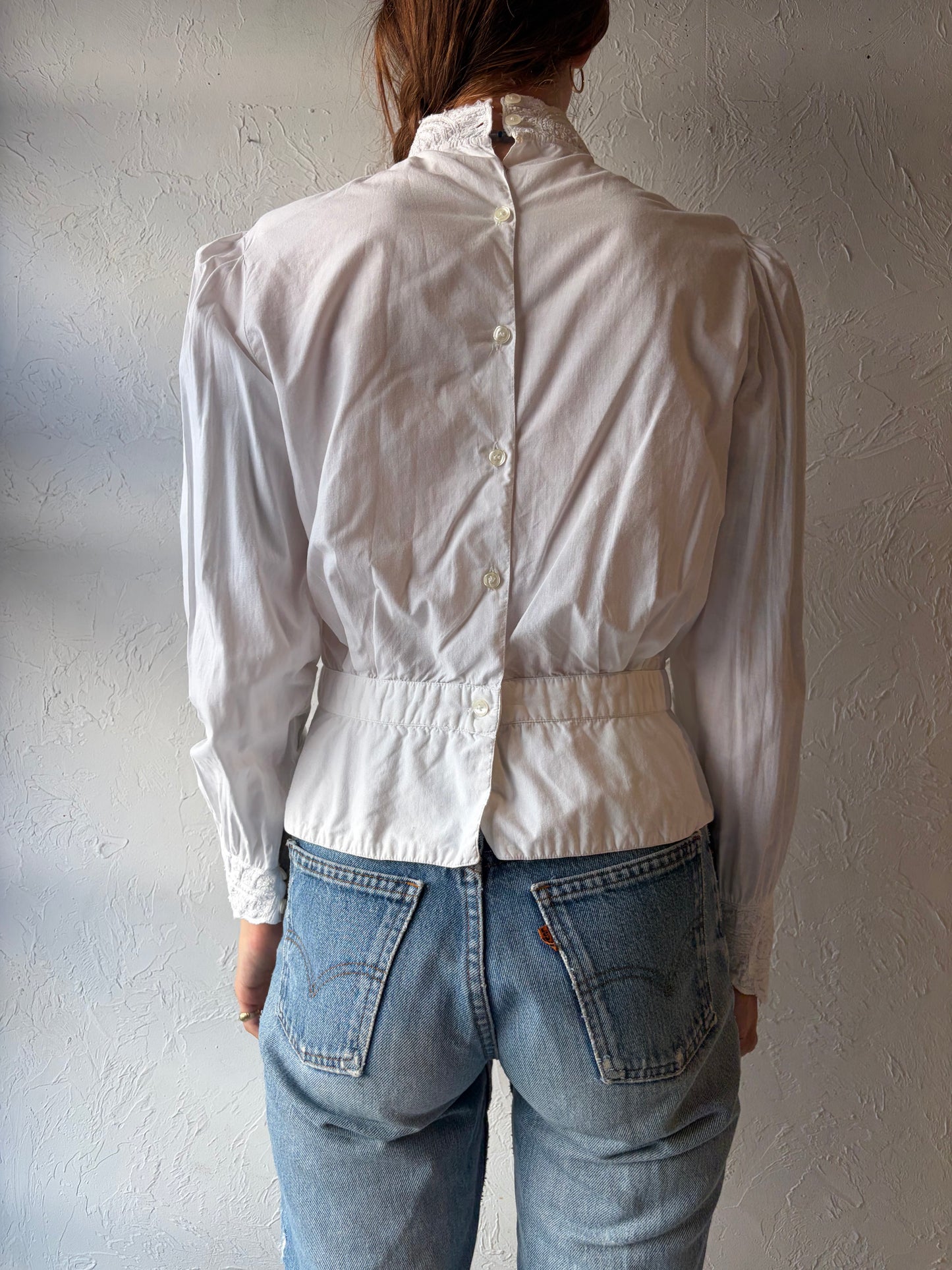90s White Cotton High Neck Long Sleeve Top / Small