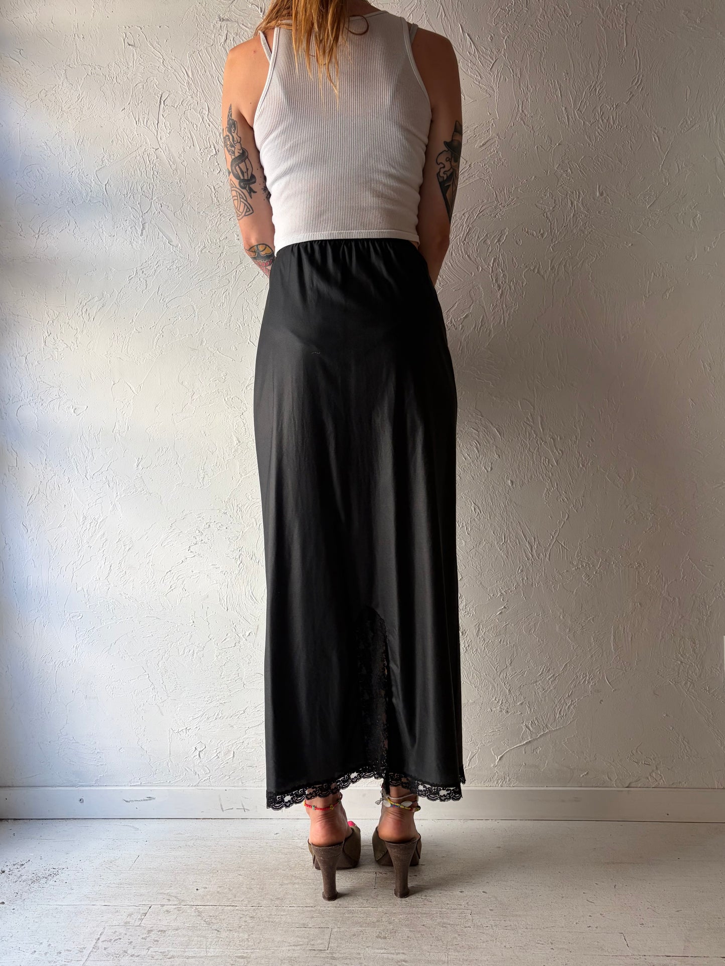 90s 'Kayser' Black Gothcore Dark Academia Maxi Slip Skirt / Small - Medium