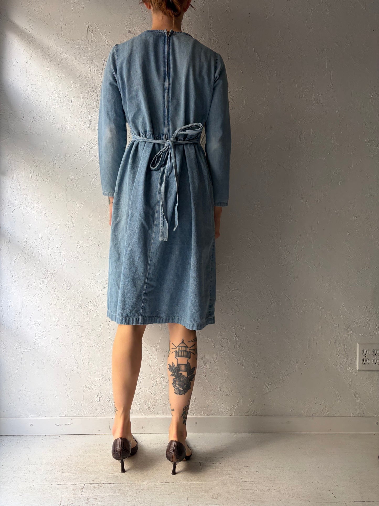 90s 'Studio Ease' Light Denim Western Long Sleeve Midi Dress / Vintage 1990s Cowboy Dress / Small