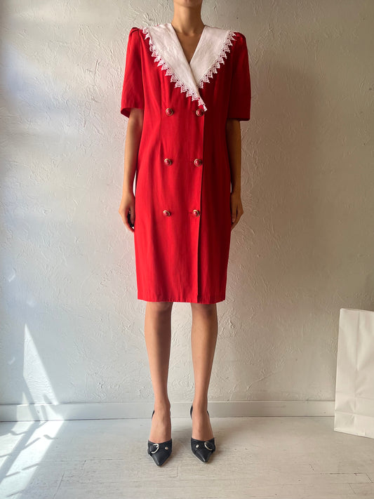 80s ‘Nancy G’ Red Collared Midi Dress / Medium - Large