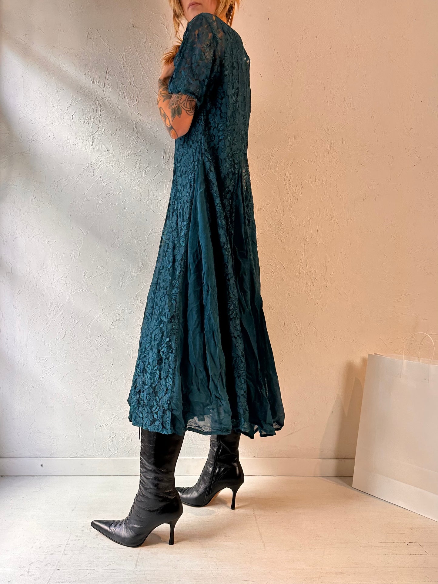90s 'Emblem' Blue Green Rayon Lace Dress / Small