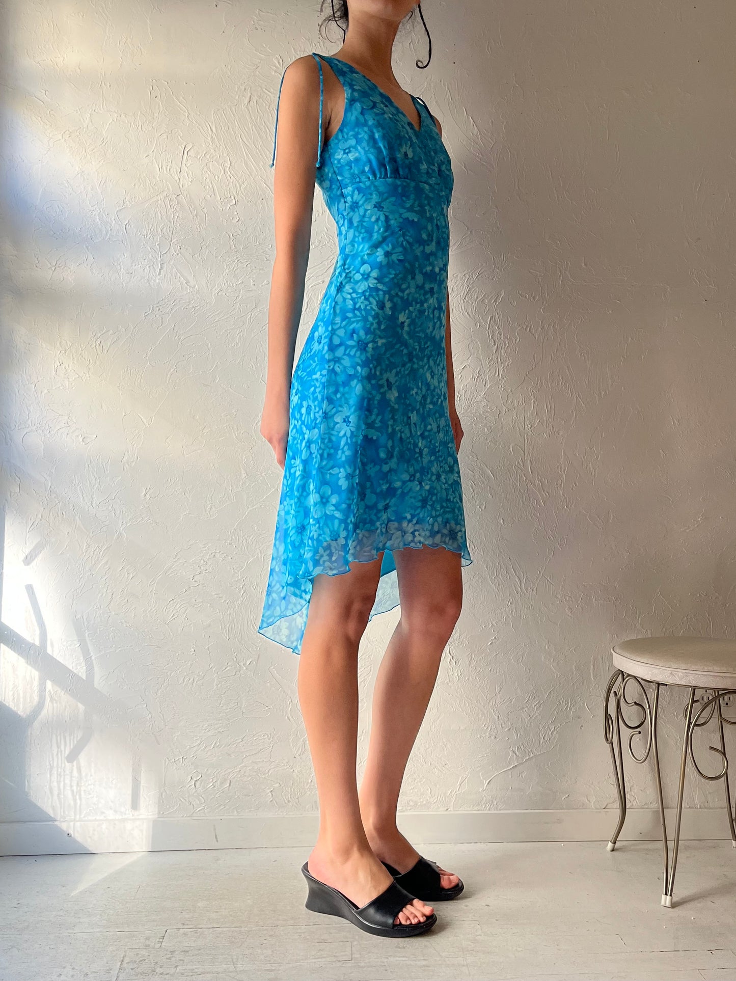 80s 'Laura' Blue Floral Mini Dress / Small