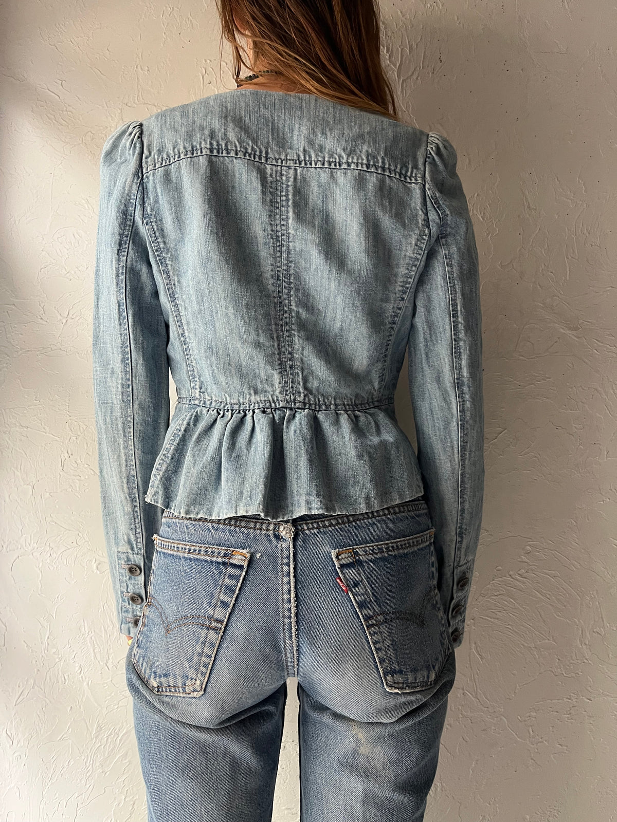 Y2K 'Juicy Couture' Light Wash Denim Cropped Blazer Preppy Coquette Jean Jacket / Small
