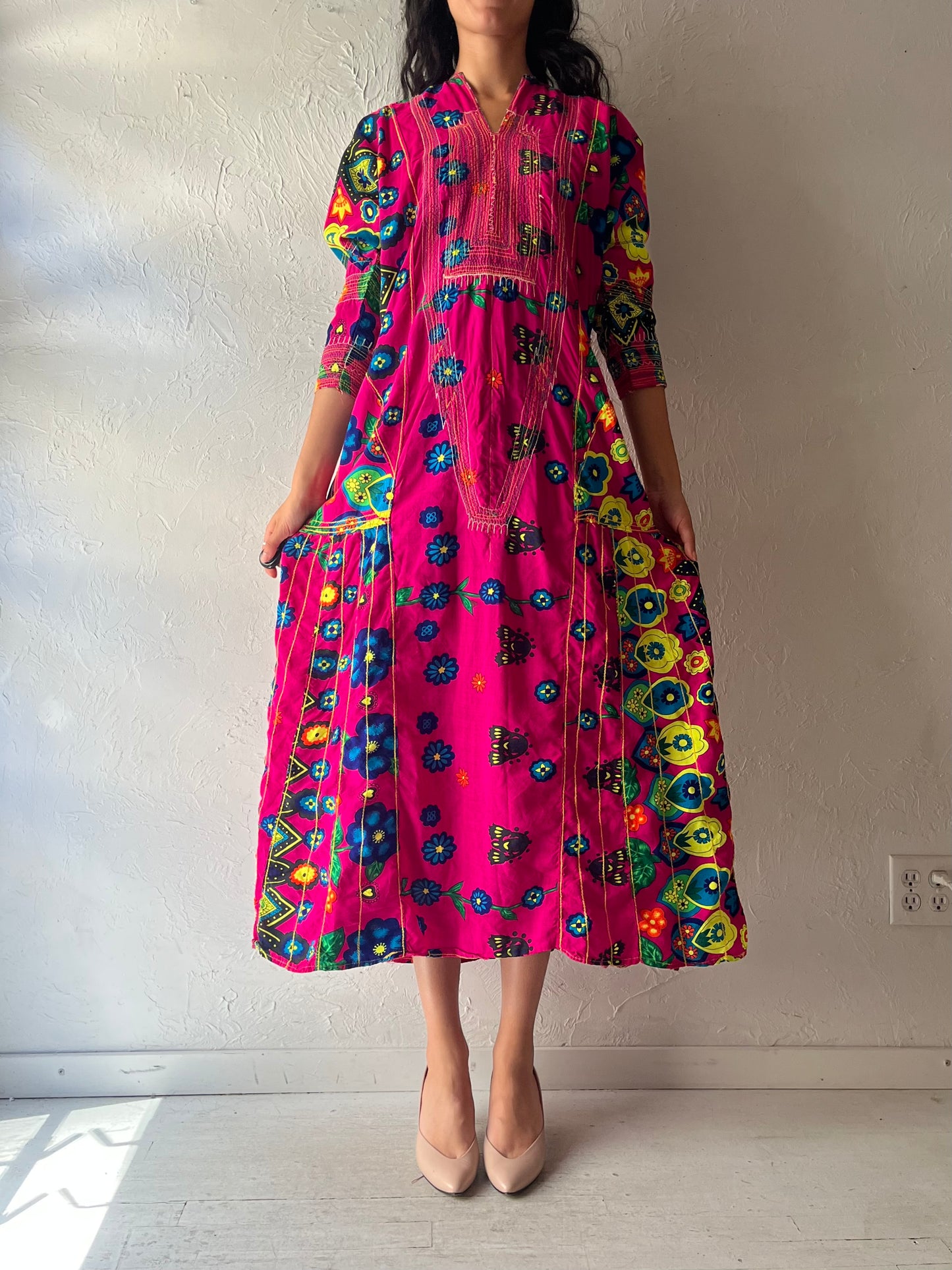 Vintage Handmade Pink Floral Retro Boho Hippie Summer Maxi Dress / Medium