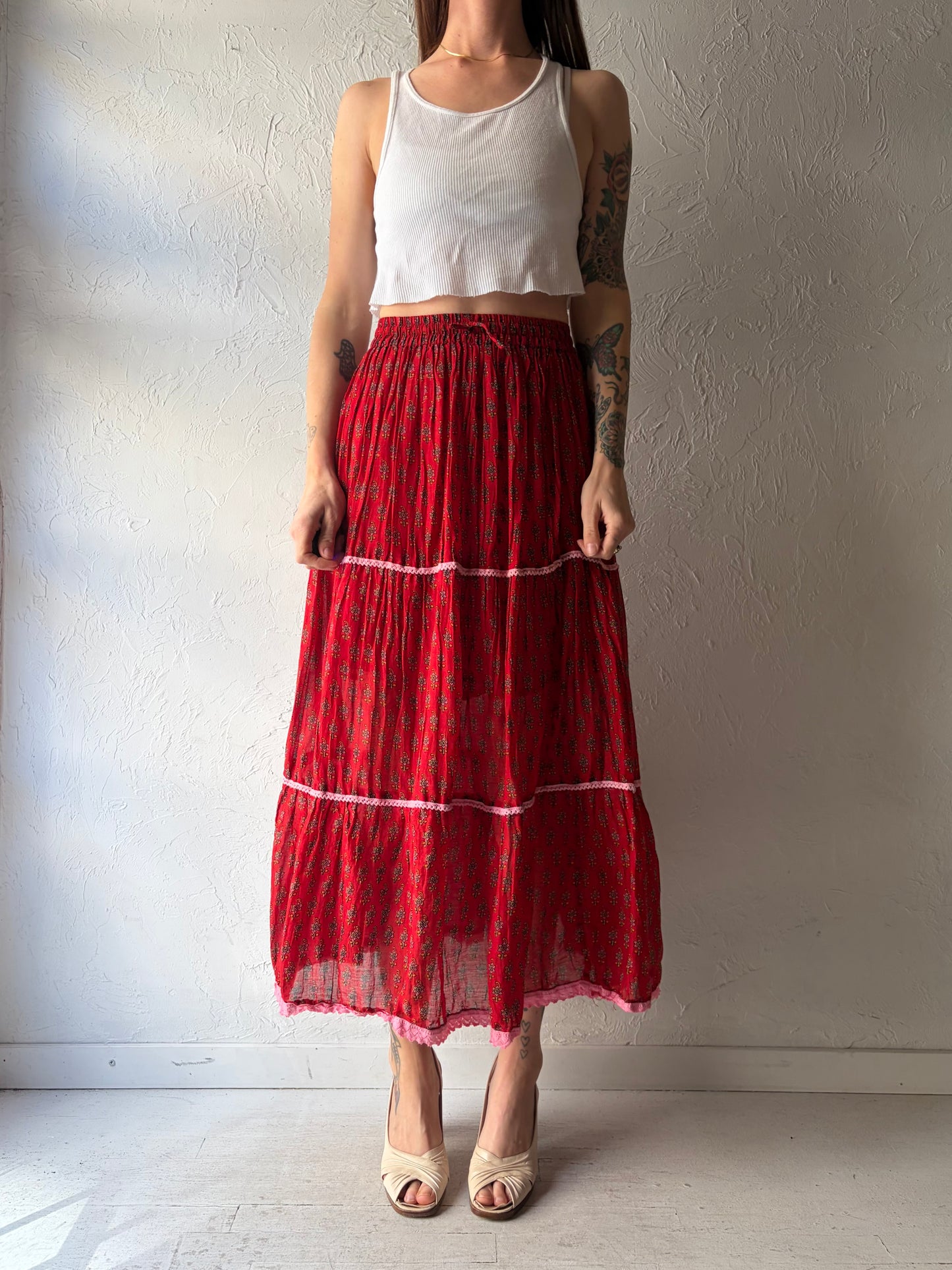 90s 'My Rose' Red Floral Western Midi Skirt / Small