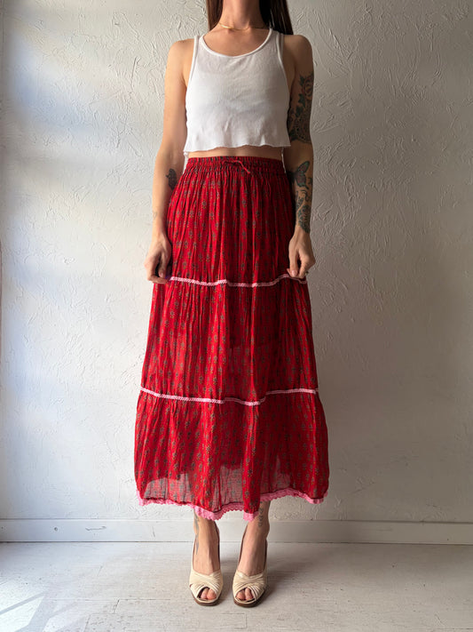 90s 'My Rose' Red Floral Western Midi Skirt / Small