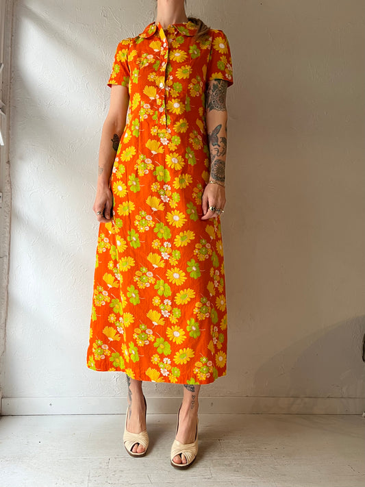 70s Orange Floral Midi Dress / Small