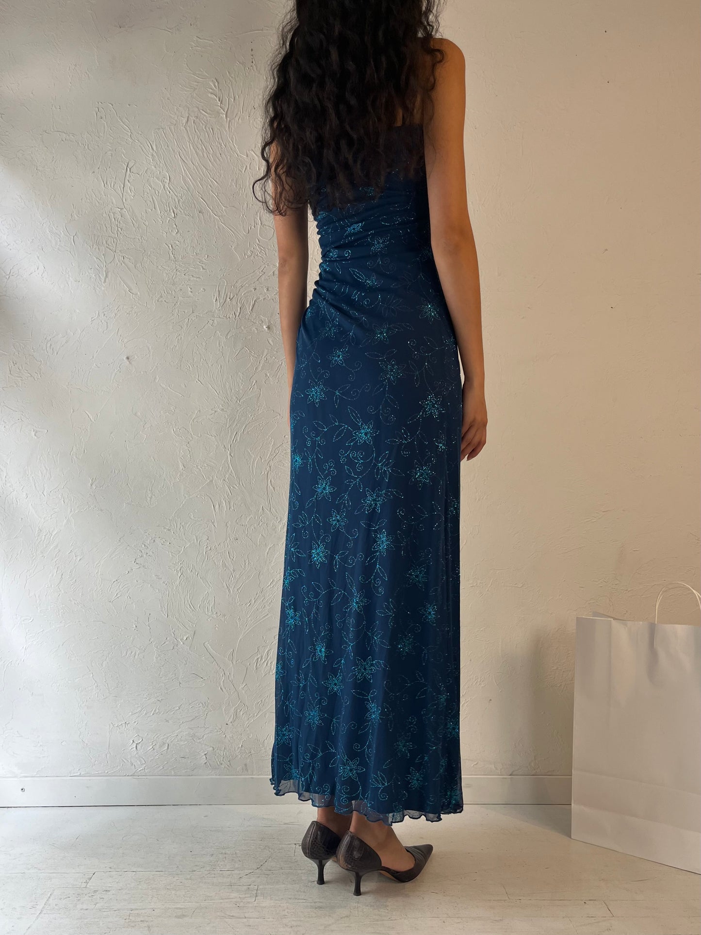 90s 'Mariposa' Blue Sparkly Dress / Small