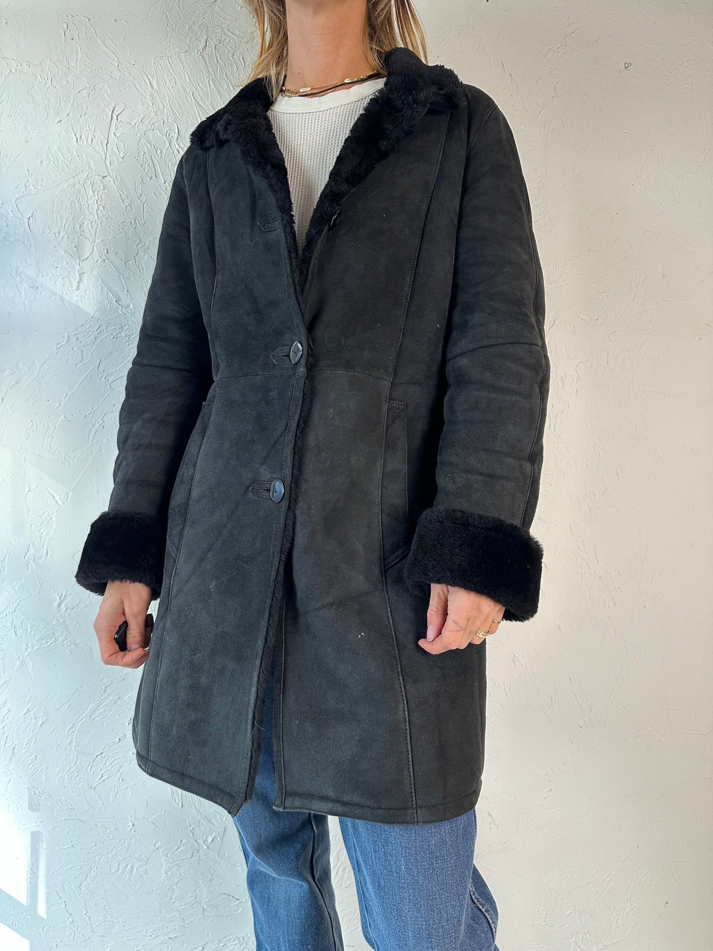 Y2k 'Danier' Black Suede Leather Shearling Lined Jacket / XS