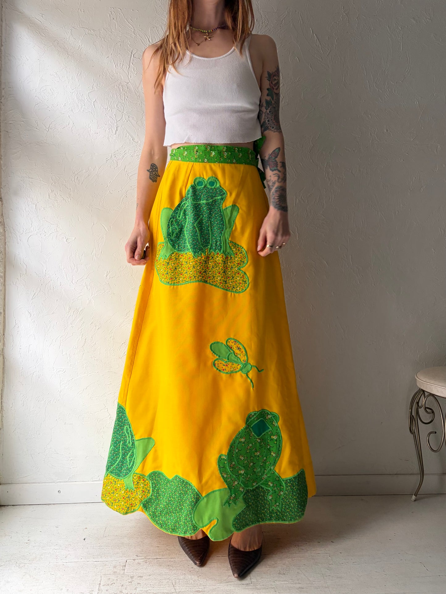 70s 'Alfreds Wife' Yellow Frog Novelty Wrap Skirt / Small