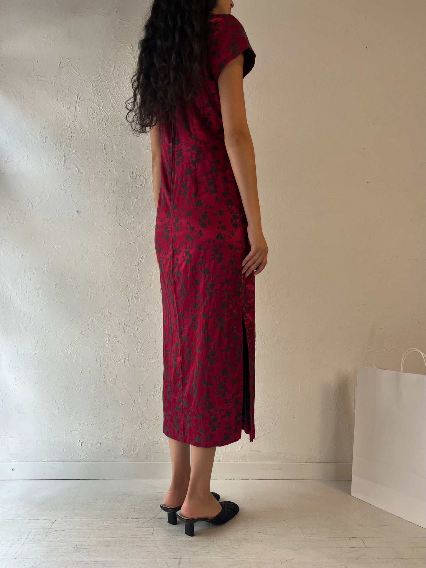 90s 'Amoretti' Red Embroidered Floral Dress / Small - Medium