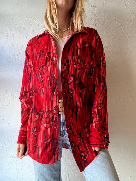 90s ‘Wrangler’ Abstract Horse Print Red Pearl Snap Shirt / Medium