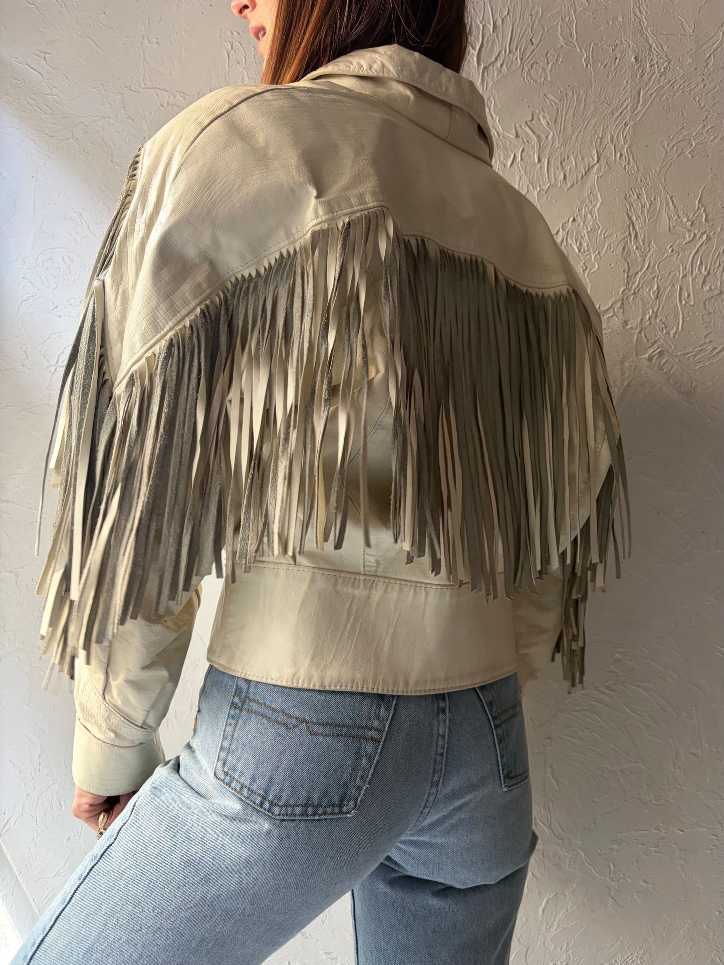 80s 'The Leather Ranch' White Leather Fringe Western Bomber Jacket / Vintage Retro Cowgirl Cropped Jacket / Small