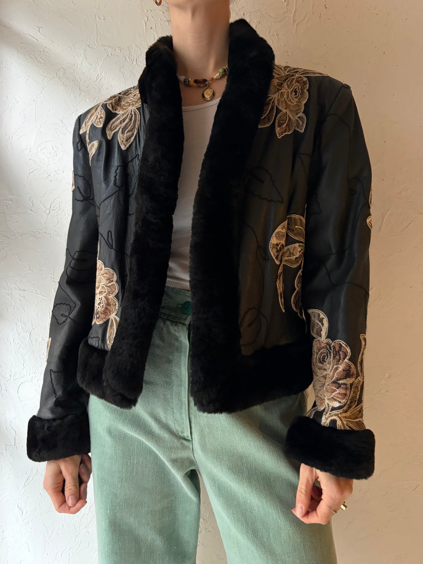 Vintage 'Wai Yin Chen' Embroidered Leather Jacket / Small