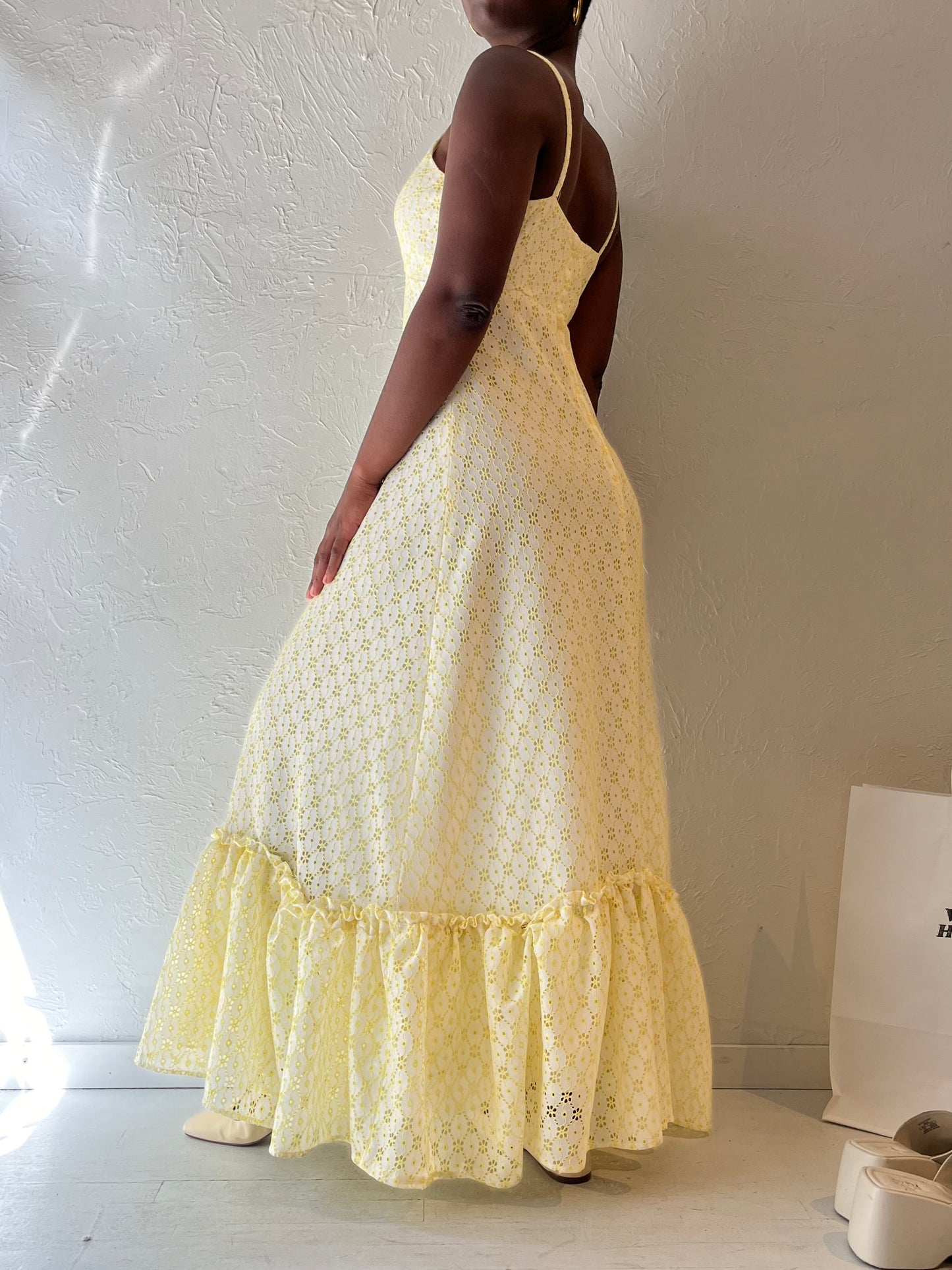 Vintage Handmade Yellow Eyelet Maxi Dress / Medium