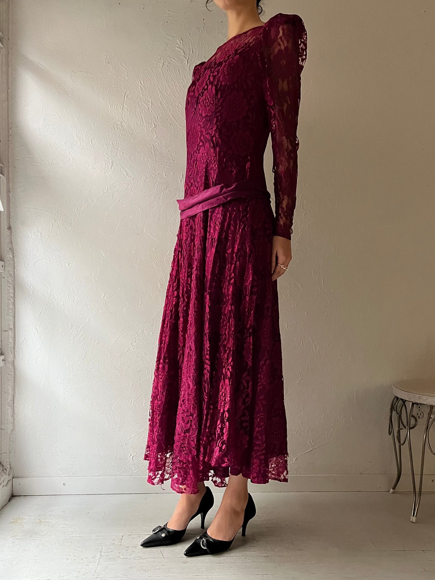 80s 'Highlite' Burgundy Lace Dress / Medium