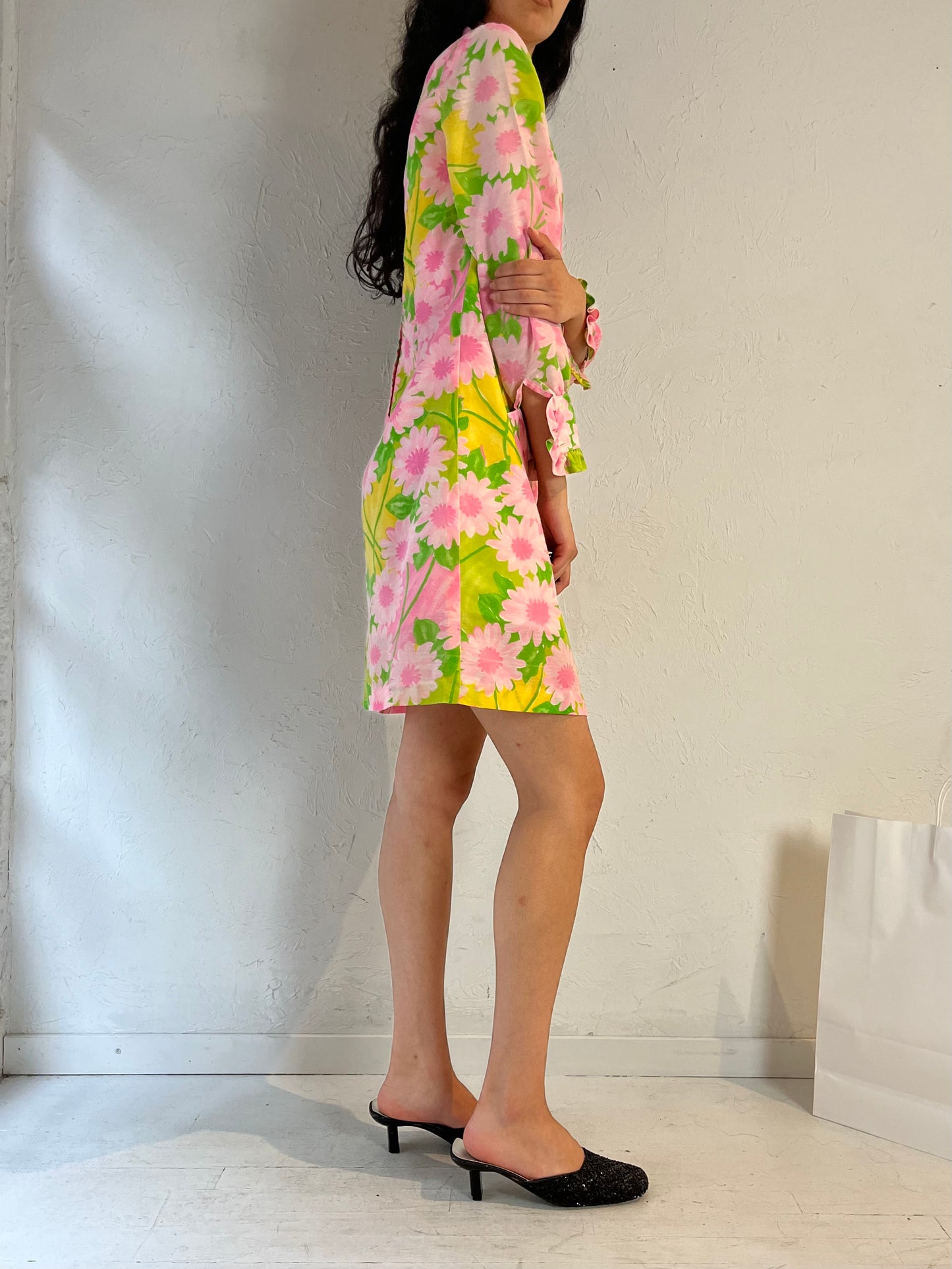 70s 'Cindy Juniors' Pink Floral Print Mini Dress / XS