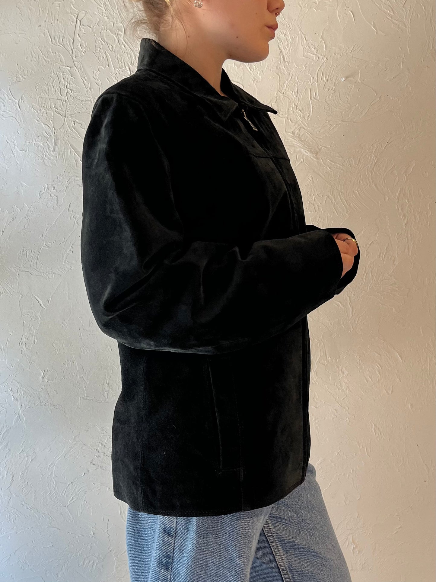 Y2k Black Suede Leather Jacket / Medium